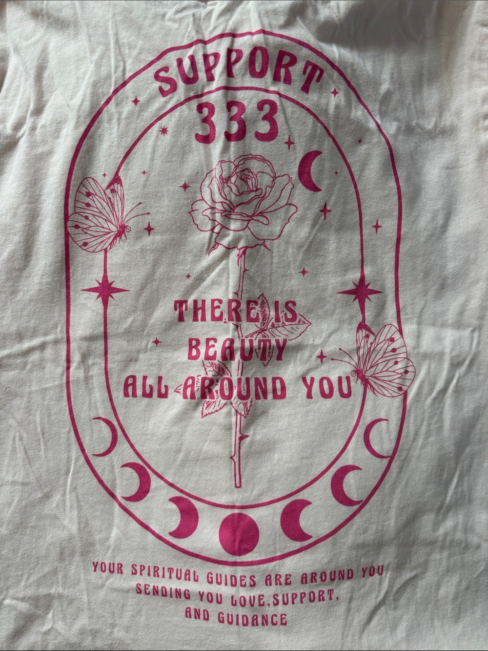 Women’s Pink Crop Top Graphic Tee Angel Number 333 Rose Sparkles Butterflies - Picture 3 of 9